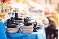 Closeup shot of religious Hindu idols for sale in a local Indian market with blur background