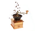 Closeup shot of roasted coffee beans falling into a classic coffee grinder on a white background Royalty Free Stock Photo