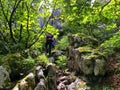 Closeup shot of rock climbers hiking to the mountain through the forest