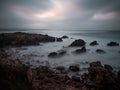 Closeup shot of a rocky beach landscape at sunset on a cloudy day Royalty Free Stock Photo