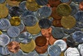 Closeup shot of Romanian coins on top of each other