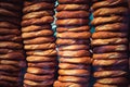 Closeup shot of rows of traditional Turkish simit bread Royalty Free Stock Photo