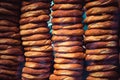 Closeup shot of rows of traditional Turkish simit bread