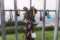 Closeup shot of rusted locks on the metal fence Royalty Free Stock Photo