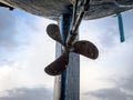 Closeup shot of a rustic vintage propeller. Royalty Free Stock Photo