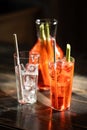 Closeup shot of shiny glass Bloody Mary cocktails on a wooden table Royalty Free Stock Photo