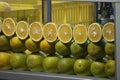 Closeup shot of a showcase with lemon and lime