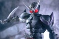 Closeup shot of SIC Kamen Rider Double Fang Joker Arm Fang Pose figure filled with smoke