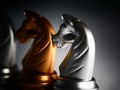 Closeup shot of silver and golden knight chess pieces