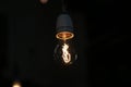 Closeup shot of a single electric lamp with softly glowing metal filament hanging on a cable