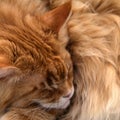 A closeup shot of a sleeping ginger Maine Coon cat