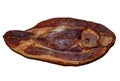 Closeup shot of a slice of smoked pork leg isolated on a white background