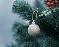 Closeup shot of small lovely seasonal festival decorative bright shiny golden sphere ball hanging on Christmas green pine tree on Royalty Free Stock Photo