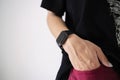 Closeup shot smartwatch, Hand wearing elegant smartwatch