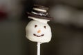 Closeup shot of a Snowman cake pop with creamy cookies on top
