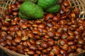 Closeup shot of soursop fruit and seeds in a basket Royalty Free Stock Photo
