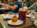 Closeup shot of a Spanish tapa called bomba served at a restaurant in Barcelona, Spain