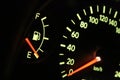 Closeup shot of a speedometer with a red arrow on 0. Out of gas concept. Royalty Free Stock Photo