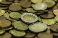 A closeup shot of a stack of euro coins. A handful of coins. Scattering of coins Royalty Free Stock Photo