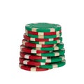 Closeup shot of a stack of poker chips isolated on white background