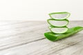 Closeup shot of a stack of sliced fresh aloe vera slices on a wooden table