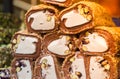 Closeup shot of a stack of traditional Turkish delight sugar-coated candy