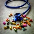 Closeup shot of stethoscope with a pile of antibiotic capsule pills