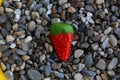 Closeup shot of a stone painted like a strawberry