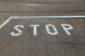 Closeup shot of Stop sign road marking on the asphalt at the intersection Royalty Free Stock Photo