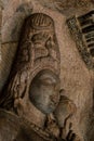 Closeup shot of stunningly beautiful sculptural relief depicts Harihara, a symbolical fusion of Vishnu and Shiva at Badami,India