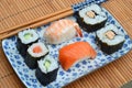 Closeup shot of sushi rolls in a plate next to chopsticks on a bamboo table cover Royalty Free Stock Photo