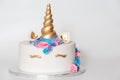 Closeup shot of a tasty cake with a unicorn face