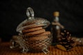 Closeup shot of tasty cookies in a jar in an autumn decoration set Royalty Free Stock Photo