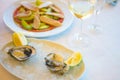 Closeup shot of a tasty and delicious seafood meal with oysters and lemons