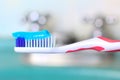 Closeup shot of a toothbrush with a strip of blue toothpaste Royalty Free Stock Photo