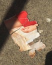 Closeup shot of a torn up picture of a woman in a red dress on a street