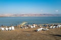 Closeup shot of tourists in the Dead Sea at Kalia Beach in Israel