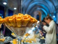 Closeup shot of traditional Portuguese conventual sweet called Cornucopias from Alcobaca, Portugal