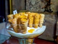 Closeup shot of traditional Portuguese conventual sweets called Cornucopias