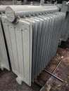 Closeup shot of transformer radiators for the circulation of transformer oil to cool Royalty Free Stock Photo