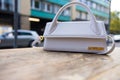 Closeup shot of trendy white Jacquemus bag