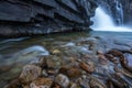 Closeup shot of twet rocks by the bridal veil waterfalls in rondane national park in norway.