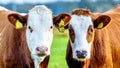 Closeup shot of two brown white cows with tagged ears on a farm