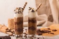 Closeup shot of two chocolate blended ice lattes decorated with sweets