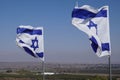 Closeup shot of two flags of Israel waving in the wind against a locality