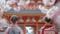 closeup shot of two Japanese women in traditional Yukata dress Royalty Free Stock Photo