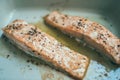 Closeup shot of two pieces of salmon fillet with spices