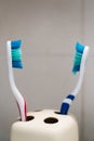 Closeup shot of two toothbrushes, new and used Royalty Free Stock Photo