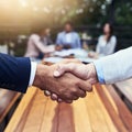 Lets bring success to the fore. Closeup shot of two unrecognizable businessmen shaking hands with their colleagues in