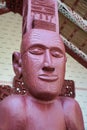 Closeup shot of typical Maori sculpture with intricate carved patterns.